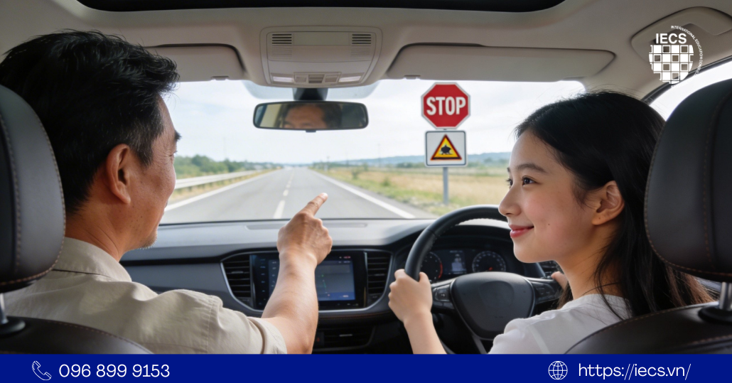 Cha hướng dẫn con gái lái xe