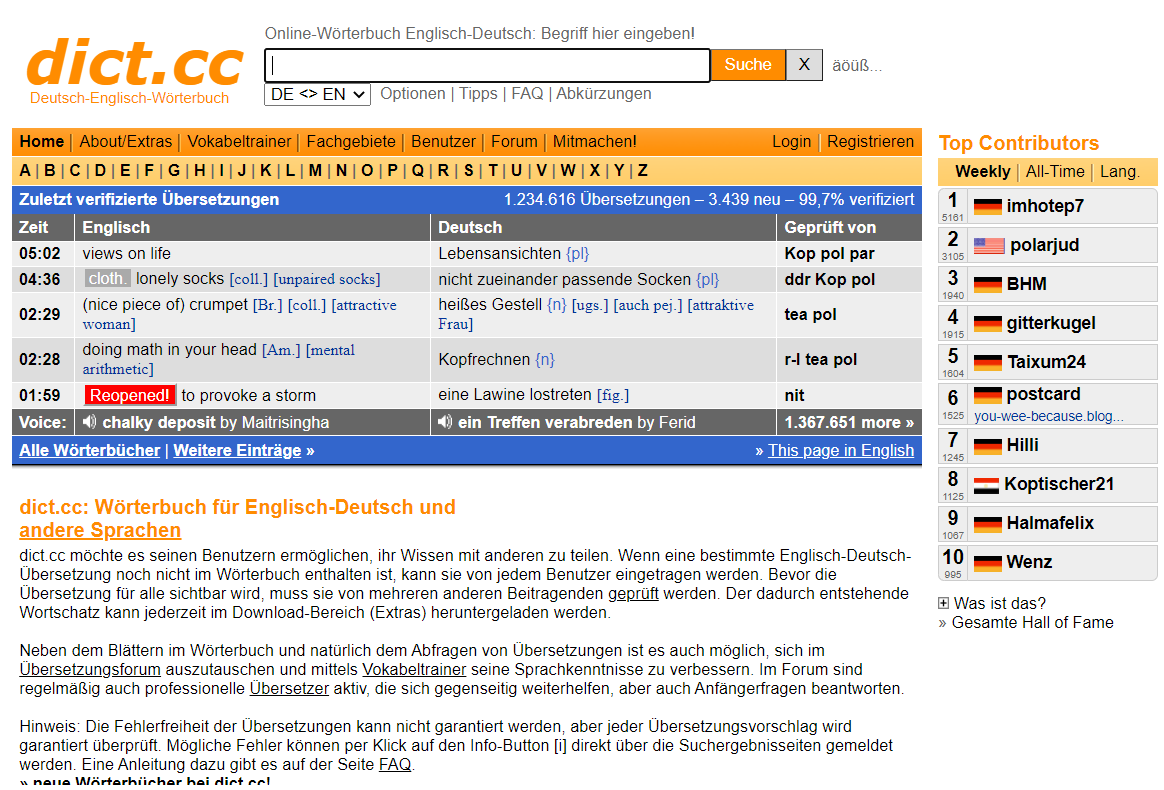 Tài liệu tự học tiếng Đức trên trang dict.cc